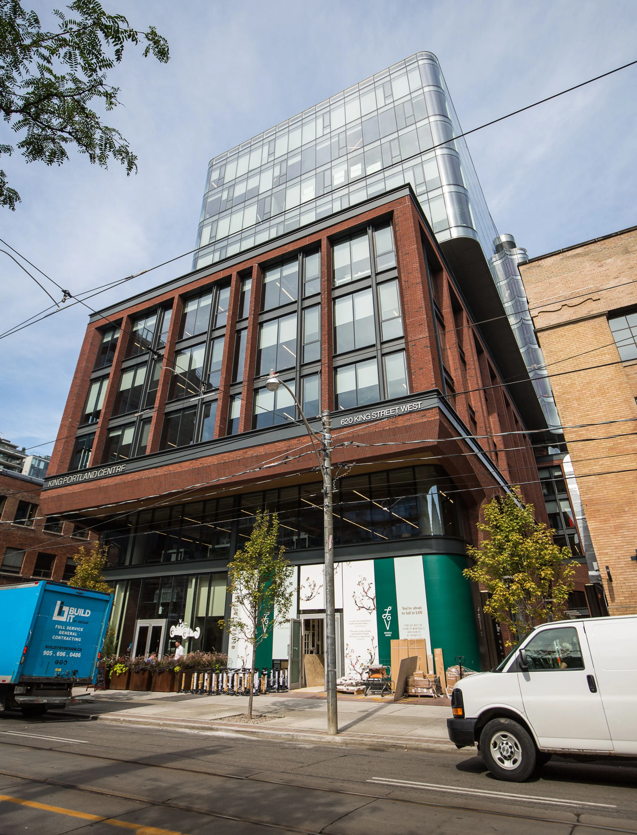 The 620 King Street West building exterior — a brick base with a glass upper volume in the King Portland Centre
