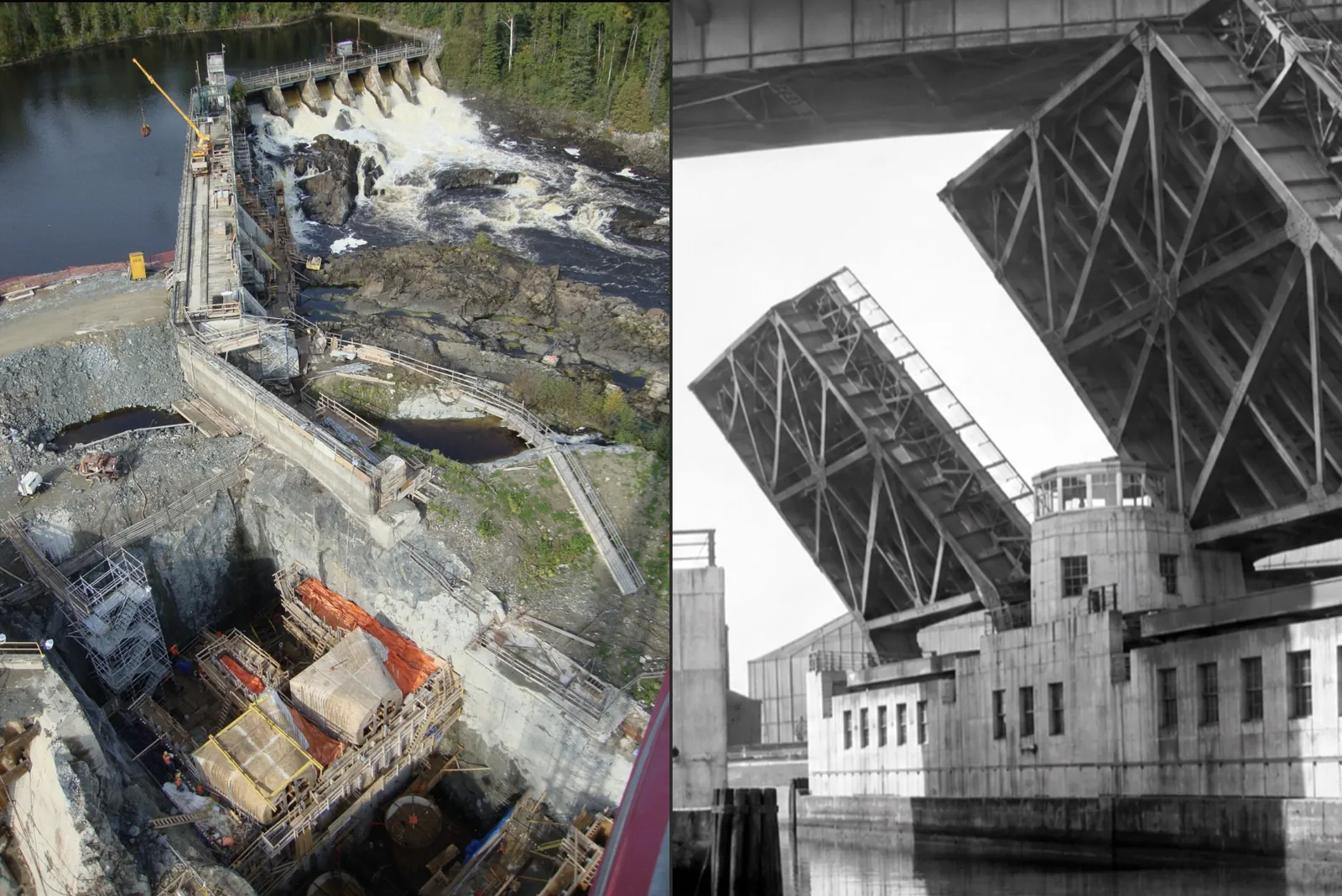 Kiewit heavy-civil work — a hydroelectric powerhouse under construction beside the Hamilton Avenue bascule bridge, New York City